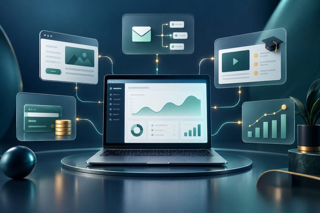 Systeme.io all-in-one platform dashboard with email, funnels, courses, and analytics