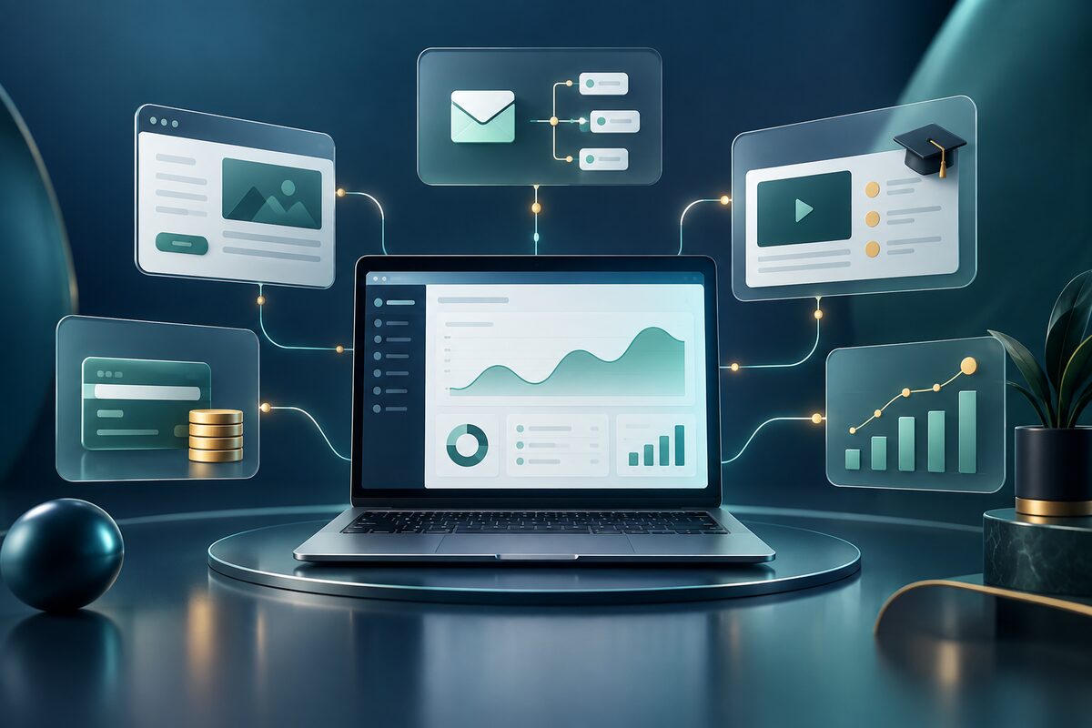 Systeme.io all-in-one platform dashboard with email, funnels, courses, and analytics