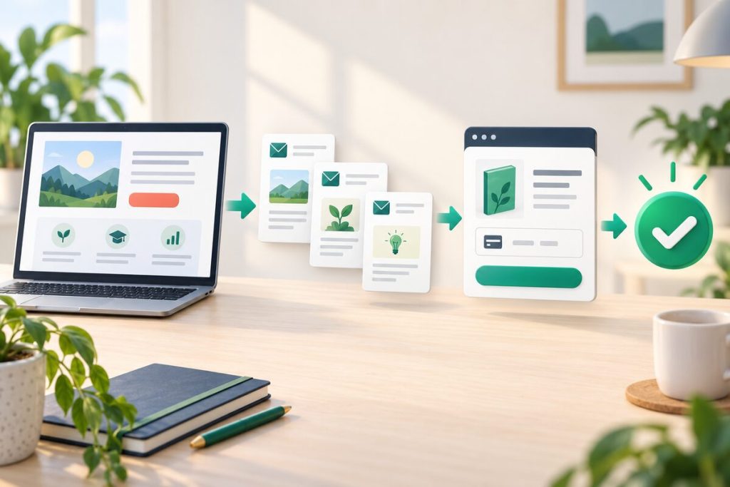 Systeme.io sales funnel from landing page to email sequence and checkout