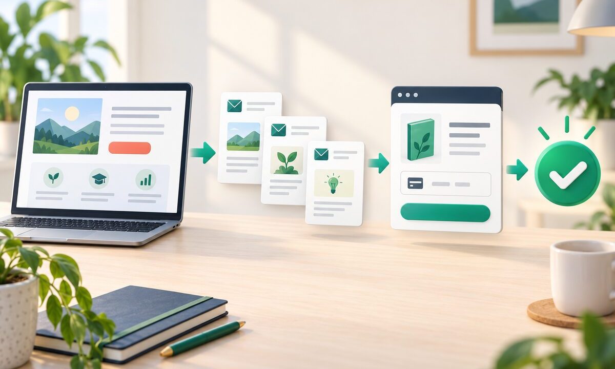 Systeme.io sales funnel from landing page to email sequence and checkout