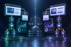 Side-by-side comparison of two all-in-one marketing platform workflows