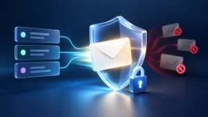 An authenticated email shown behind a shield, representing domain authentication and inbox protection.