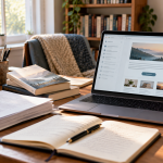 An independent author working on a reader newsletter beside manuscript pages and books.