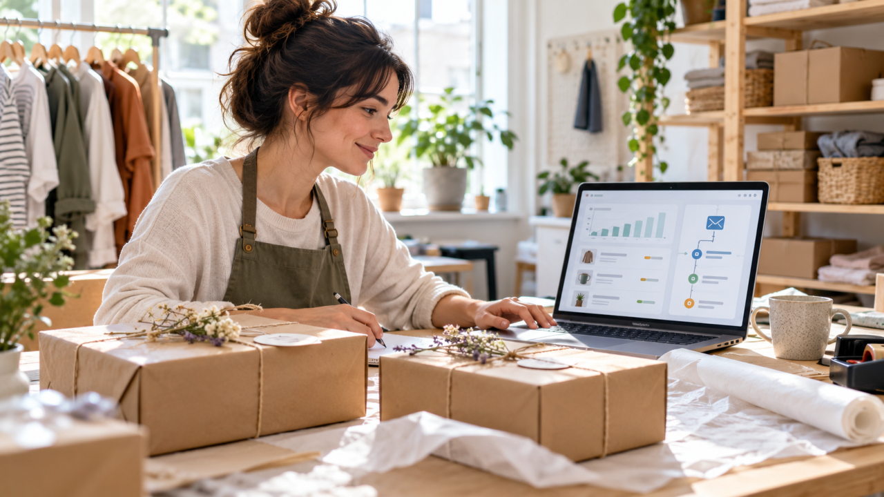A small ecommerce shop owner reviewing store orders and an email automation workflow.